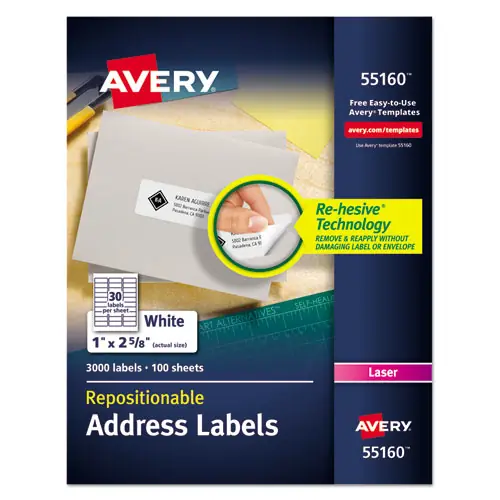 Avery® Repositionable Address Labels w/SureFeed, Laser, 1 x 2.63, White, 3000/Box