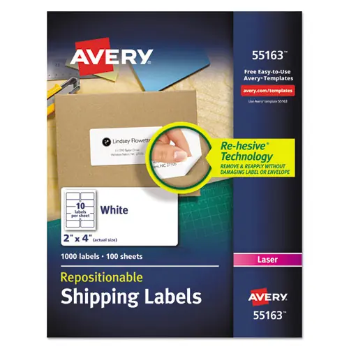 Avery® Repositionable Shipping Labels w/Sure Feed, Inkjet/Laser, 2 x 4, White, 1000/Box