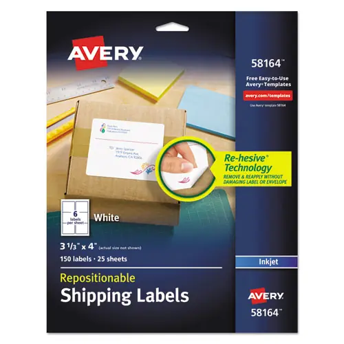 Avery® Repositionable Shipping Labels w/SureFeed, Inkjet, 3.33 x 4, White, 150/Box