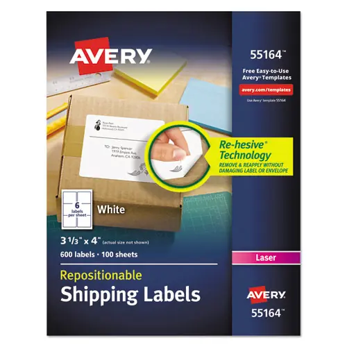 Avery® Repositionable Shipping Labels w/SureFeed, Laser, 3.33 x 4, White, 600/Box