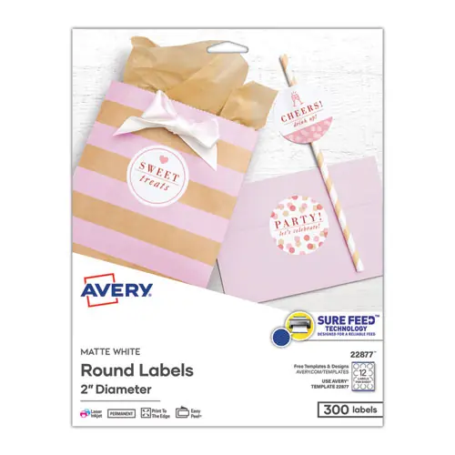 Avery® Round Print-to-the-Edge Labels with SureFeed and Easy Peel, 2" Diameter, Matte White, 300/Pack