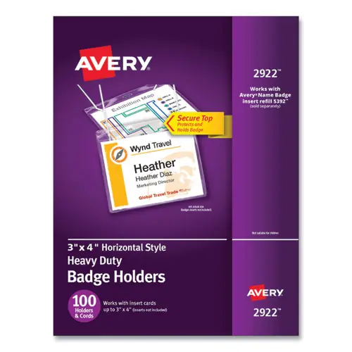 Avery® Secure Top Hanging-Style Badge Holders, Horizontal, 4" x 3", Clear, 100/Box