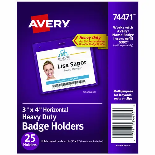 Avery® Secure Top Heavy-Duty Badge Holders, Horizontal, 4" x 3", Clear, 25/Pack