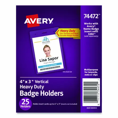 Avery® Secure Top Heavy-Duty Badge Holders, Vertical, 3" x 4", Clear, 25/Pack