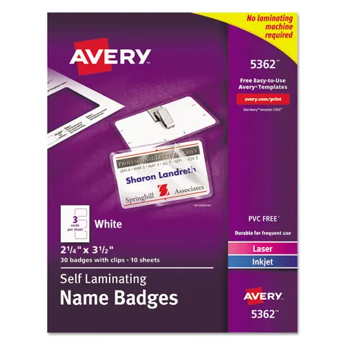 Avery® Self-Laminating Laser/Inkjet Printer Badges, White, 30/Box