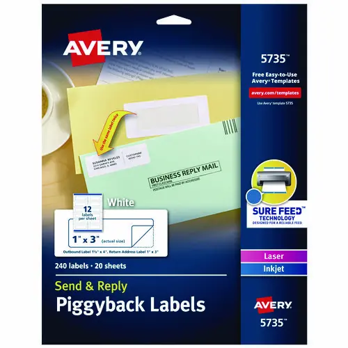 Avery® Send and Reply Piggyback Labels, Inkjet/Laser Printers, White, 12 Labels/Sheet, 20 Sheets/Pack