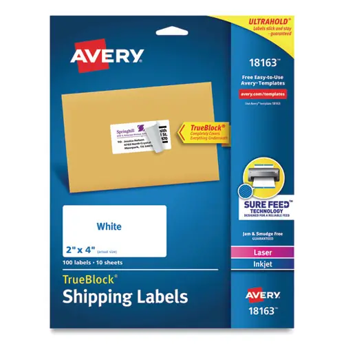 Avery® Shipping Labels with TrueBlock® Technology, Inkjet, 2" x 4", 100 Labels, White