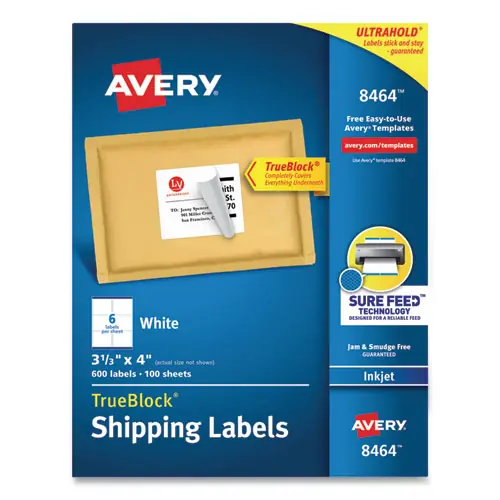 Avery® Shipping Labels w/ TrueBlock Technology, Inkjet Printers, White, 6 Labels/Sheet, 100 Sheets/Box