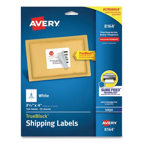 Avery® Shipping Labels with TrueBlock® Technology for Inkjet Printers, 3.33" x 4", White, 6 Labels per Sheet, 25 Sheets per Pack