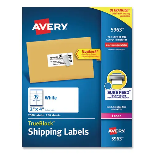 Avery® Shipping Labels w/ TrueBlock Technology, Laser Printers, White, 2 x 4, 10/Sheet, 250 Sheets/Box