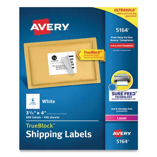Avery® Shipping Labels with TrueBlock® Technology for Laser Printers, White, 3.33 x 4 inches, 6 Labels/Sheet, 100 Sheets/Box