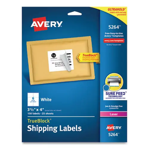 Avery® Shipping Labels w/ TrueBlock Technology, Laser Printers, 3.33 x 4, White, 6/Sheet, 25 Sheets/Pack