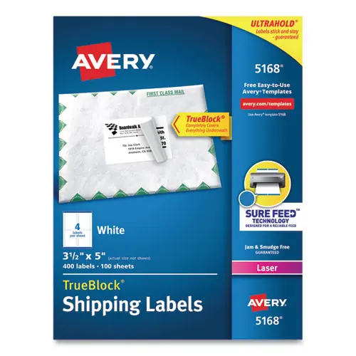 Avery® Shipping Labels with TrueBlock® Technology, Laser Printers, 3.5 x 5, White, 400 Labels (4/Sheet, 100 Sheets/Box)