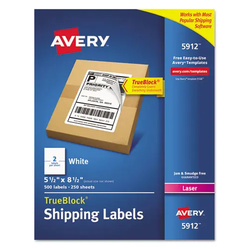 Avery® Shipping Labels with TrueBlock® Technology, Laser Printers, White, 5.5 x 8.5, 2 Labels per Sheet, 250 Sheets per Box