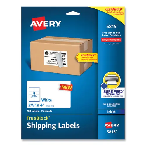 Avery® Shipping Labels with TrueBlock Technology, Inkjet Printers, 2.5 x 4, White, 8 Labels/Sheet, 25 Sheets/Pack