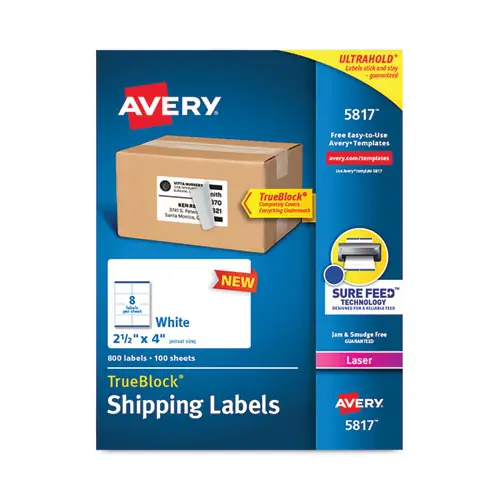Avery® Shipping Labels with TrueBlock Technology, Laser Printers, 2.5 x 4, White, 8/Sheet, 100 Sheets/Pack