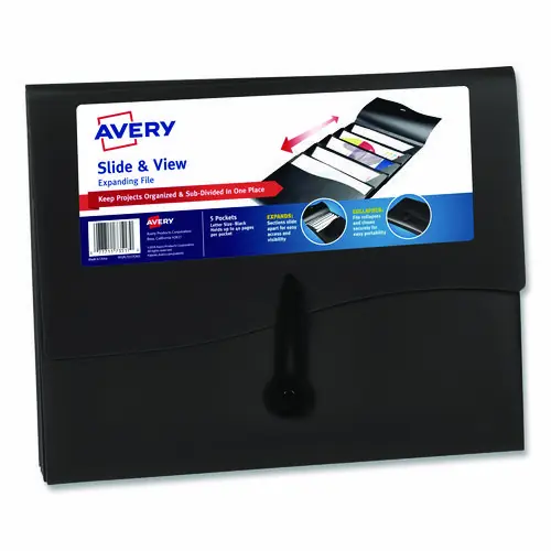 Avery® Slide and View Expanding File, 5 Sections, Cord/Hook Closure, Letter Size, Black