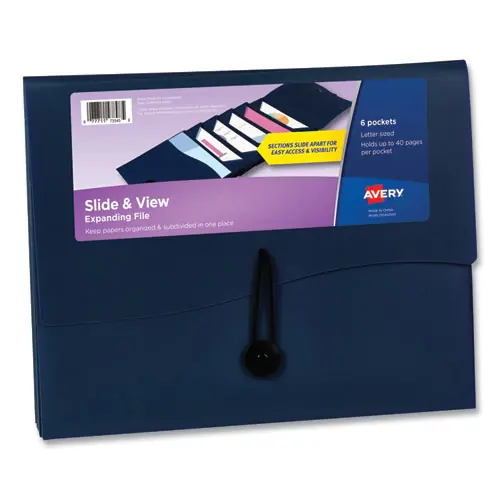 Avery® Slide and View Expanding File, 6 Sections, Hook/Loop Closure, Letter Size, Navy Blue