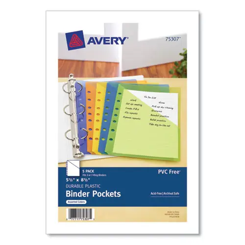 Avery® Small Binder Pockets, Standard, 7-Hole Punched, Assorted, 9.25 x 5.5, 5/Pack