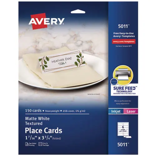 Avery® Small Textured Tent Cards, White, 3.75 x 1.44, 6 Cards/Sheet, 25 Sheets/Pack