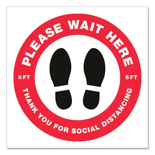Avery® Social Distancing Floor Decals, 10.5" dia, Please Wait Here, Red/White Face, Black Graphics, 5/Pack