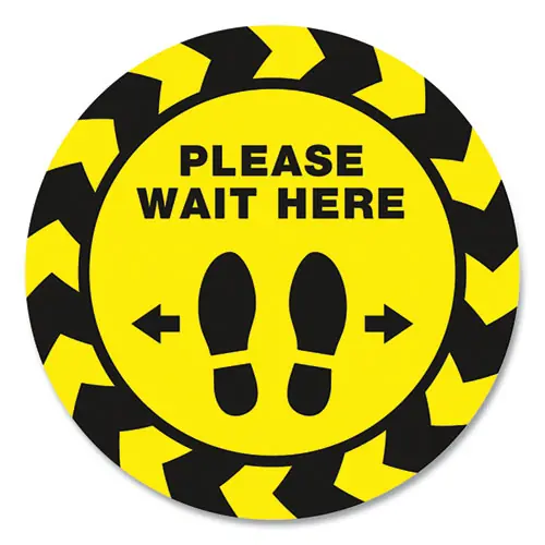 Avery® Social Distancing Floor Decals, 10.5" dia, Please Wait Here, Yellow/Black Face, Black Graphics, 5/Pack