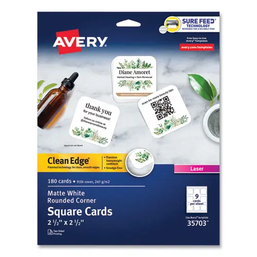 Avery® Square Clean Edge Cards with Sure Feed Technology, Laser, 2.5 x 2.5, White, 180 Cards, 20 Sheets/Pack