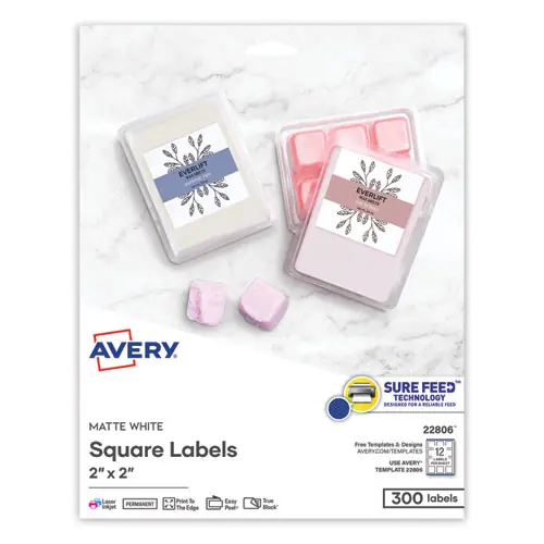 Avery® Square Labels with Sure Feed and TrueBlock, 2 x 2, White, 300/Pack