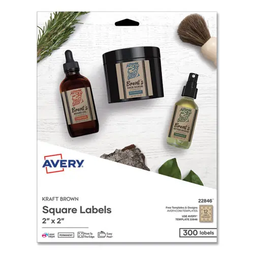 Avery® Square Print-to-the-Edge Labels, Kraft Brown, 2 x 2, 12 Labels/Sheet, 25 Sheets/Pack
