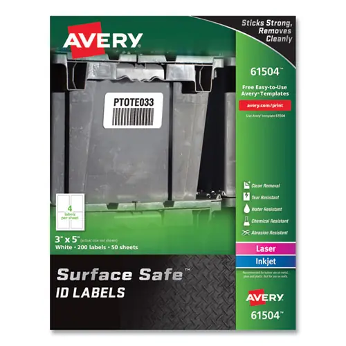 Avery® Surface Safe ID Labels, 3 x 5, White, 4/Sheet, 50 Sheets/Box