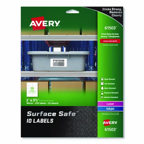 Avery® Surface Safe ID Labels, Inkjet/Laser Printers, 2 x 3.5, White, 10/Sheet, 25 Sheets/Pack