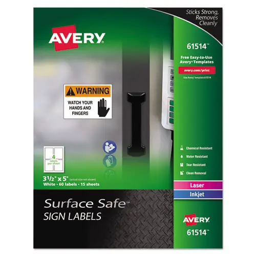 Avery® Surface Safe Removable Label Safety Signs, 3.5 x 5, White, 4 Labels/Sheet, 15 Sheets/Pack