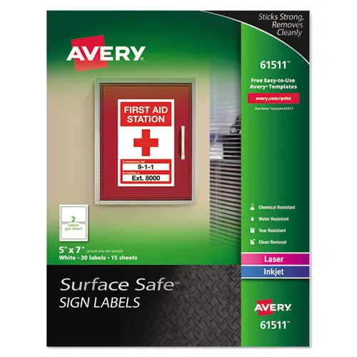 Avery® Surface Safe Removable Label Safety Signs, Inkjet/Laser Printers, 5 x 7, White, 2/Sheet, 15 Sheets/Pack