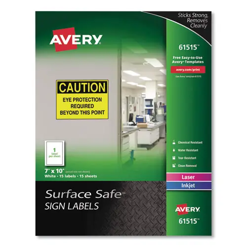 Avery® Surface Safe Removable Label Safety Signs, 7 x 10, White, 15/Pack