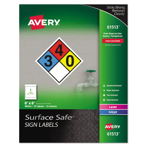 Avery® Surface Safe Removable Label Safety Signs, White, 8 x 8, 15/Pack
