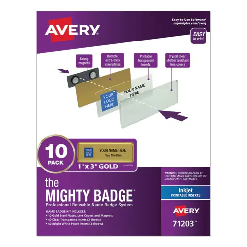 Avery® The Mighty Badge Name Badge Holder Kit, Horizontal, 3" x 1", Inkjet, Gold - 10 Holders, 80 Inserts