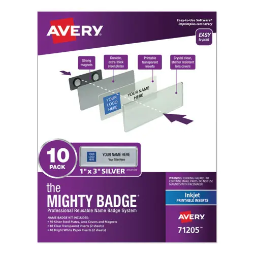 Avery® The Mighty Badge Name Badge Holder Kit, Horizontal, Silver, 10 Holders with 80 Inserts