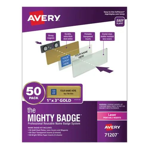 Avery® The Mighty Badge Name Badge Holder Kit, Gold, Horizontal, 50 Holders, 120 Inserts