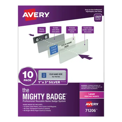 Avery® The Mighty Badge Name Badge Holder Kit, Horizontal, Laser-Compatible, Silver, 10 Holders & 80 Inserts
