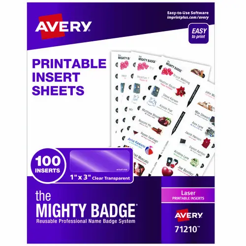 Avery® The Mighty Badge Name Badge Inserts, Clear, Laser Printer Compatible, 20 Inserts per Sheet, 5 Sheets per Pack