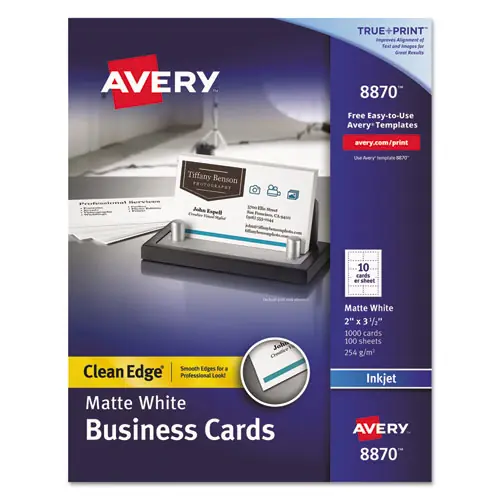 Avery® True Print Clean Edge Business Cards, Inkjet Compatible, White, 2" x 3.5", 1,000 Cards (10 Cards/Sheet, 100 Sheets/Box)