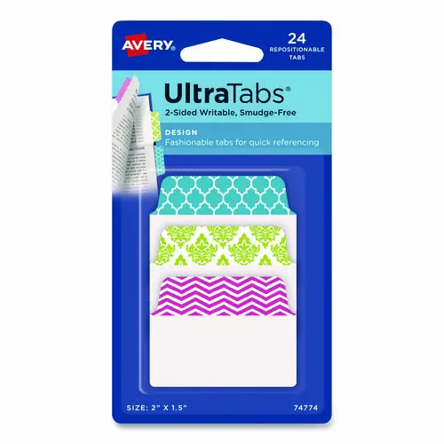Avery® Ultra Tabs Repositionable Tabs, Fashion Patterns, 1/5-Cut, Assorted Colors, 24/Pack