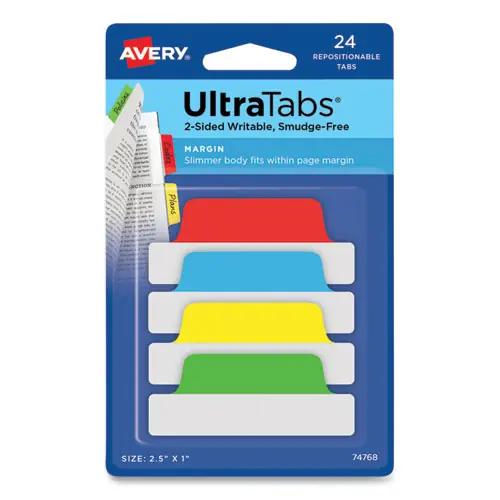 Avery® Ultra Tabs Repositionable Margin Tabs, 1/5-Cut, Assorted Colors, 24/Pack