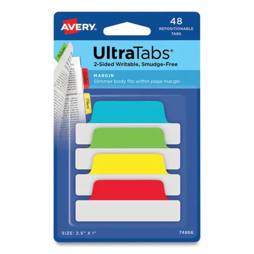 Avery® Ultra Tabs Repositionable Margin Tabs, 2.5" x 1", 1/5-Cut, Assorted Colors, 48/Pack