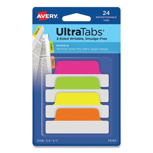 Avery® Ultra Tabs Repositionable Tabs, Margin Tabs, 1/5-Cut, Assorted Neon Colors, 24/Pack