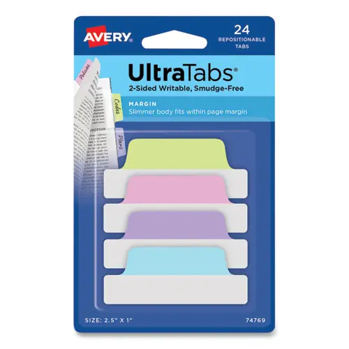 Avery® Ultra Tabs Repositionable Margin Tabs, Assorted Pastel Colors, 24/Pack