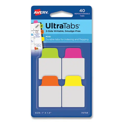 Avery® Ultra Tabs Repositionable Mini Tabs, 1" x 1.5", 1/5-Cut, Assorted Neon Colors, 40/Pack