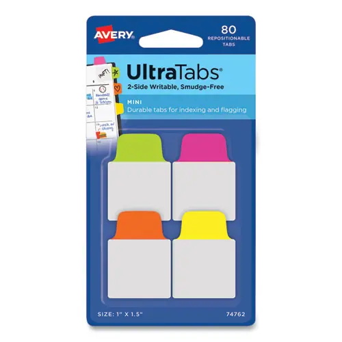 Avery® Ultra Tabs Repositionable Mini Tabs, 1" x 1.5", 1/5-Cut, Assorted Neon Colors, 80/Pack