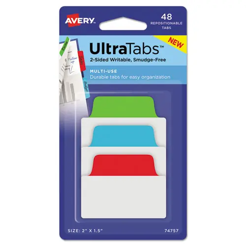 Avery® Ultra Tabs Repositionable Tabs, 1/5-Cut, Assorted Colors (Blue, Green, Red), 48/Pack