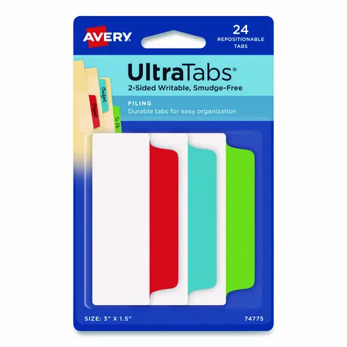 Avery® Ultra Tabs Repositionable Tabs, 1/3-Cut, Assorted Colors, 24/Pack